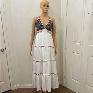 L'ATISTE White Tiered Sundress Maxi Halter Embroidered Sequins Bohemian Pearls